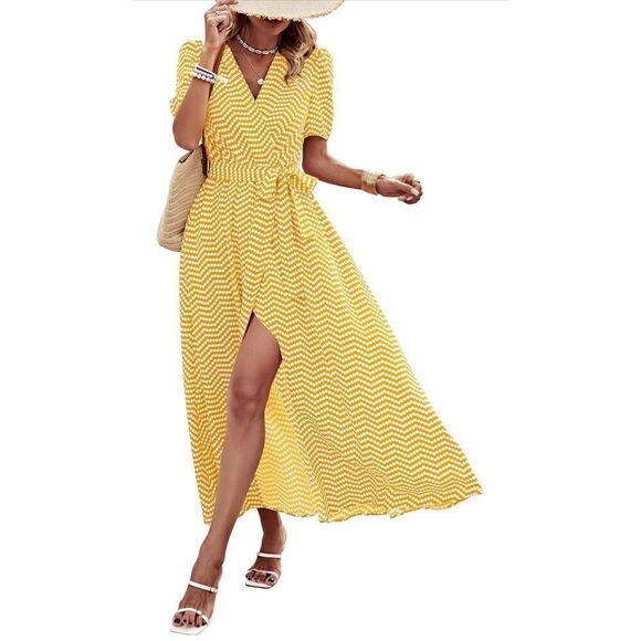 NEW Polka dot Faux Wrap Maxi Ruffle Hem Split Dress L - Picture 1 of 5